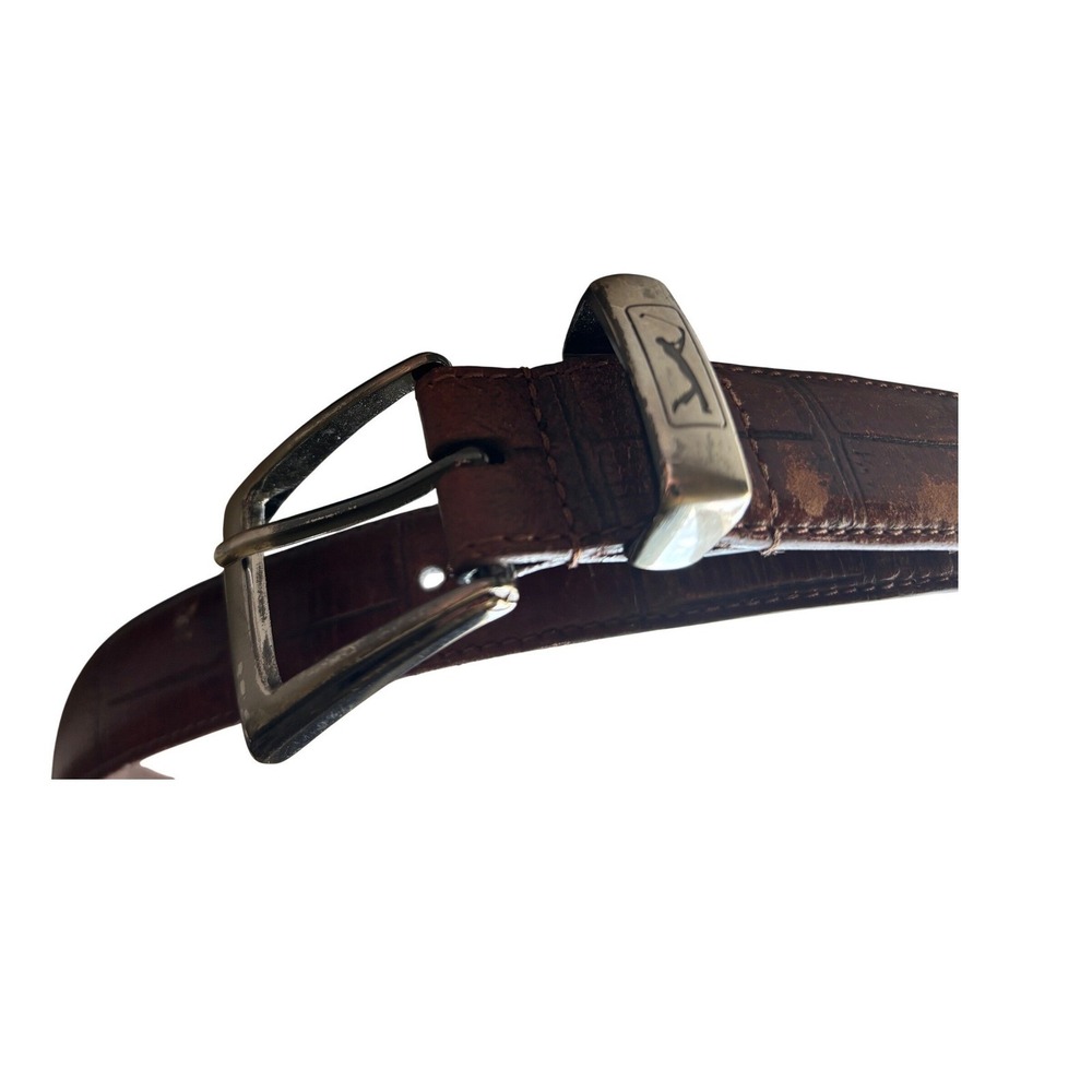 PGA Tour Brown Croc Embossed Leather Belt Silver Buckle PGA Logo Resort Golf‎